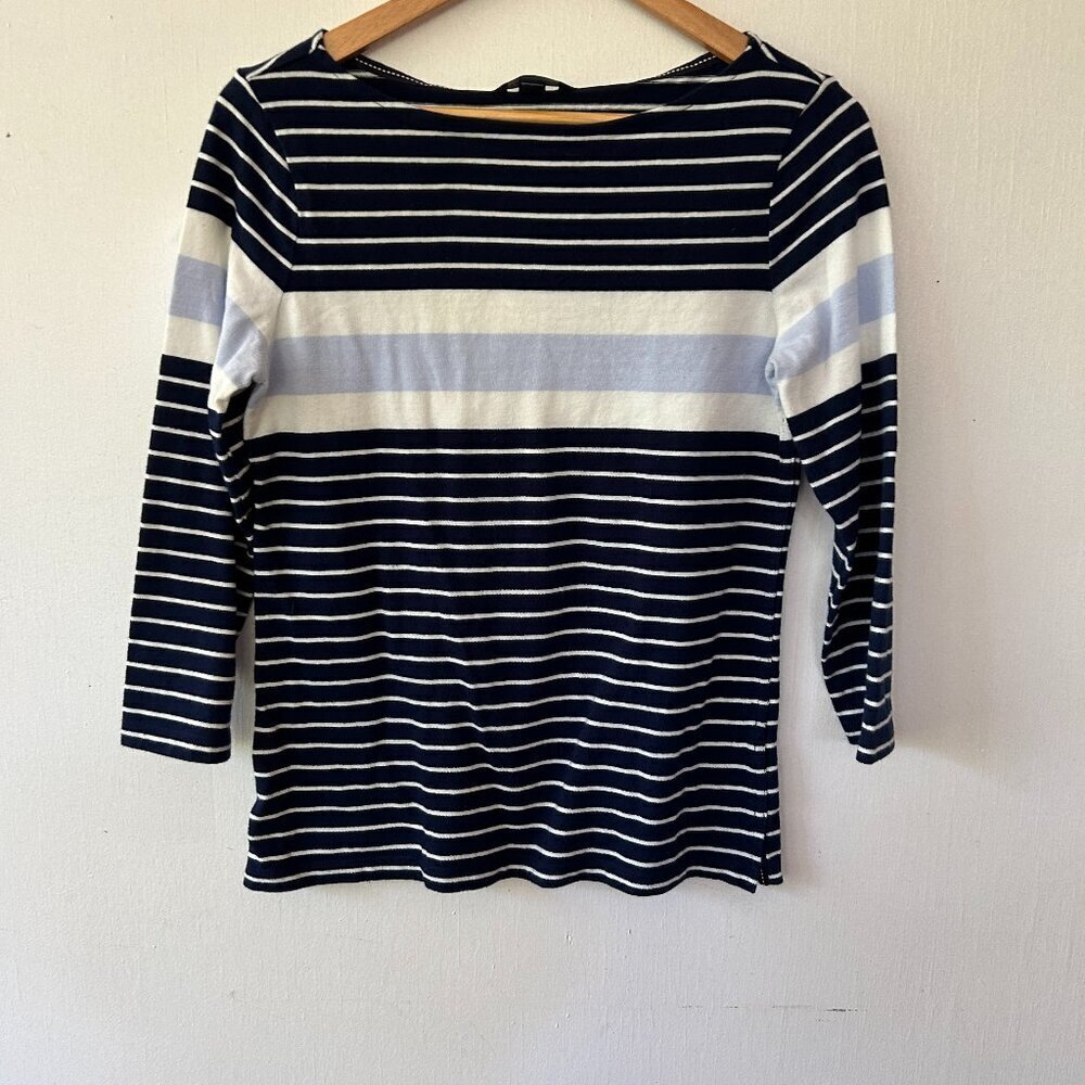 Lands End Top Womens Small‎ Blue Striped Boatneck 3/4 Sleeves Preppy Coastal